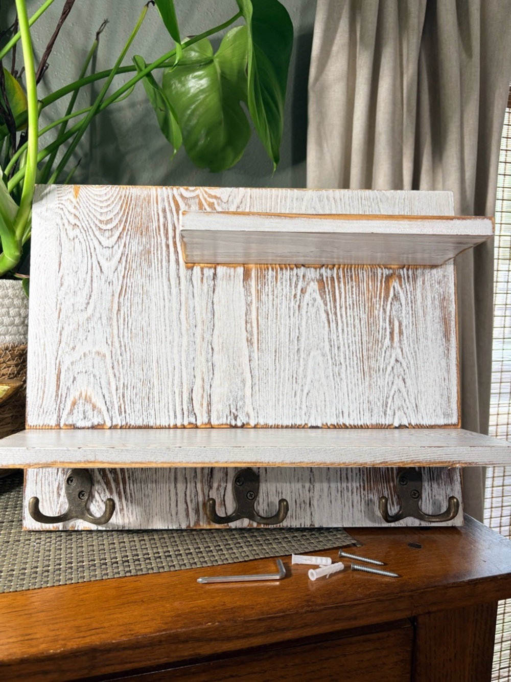 2 Tier Wood Bathroom Shelf w/3 Double Hooks White Washed Wall Mount Rack